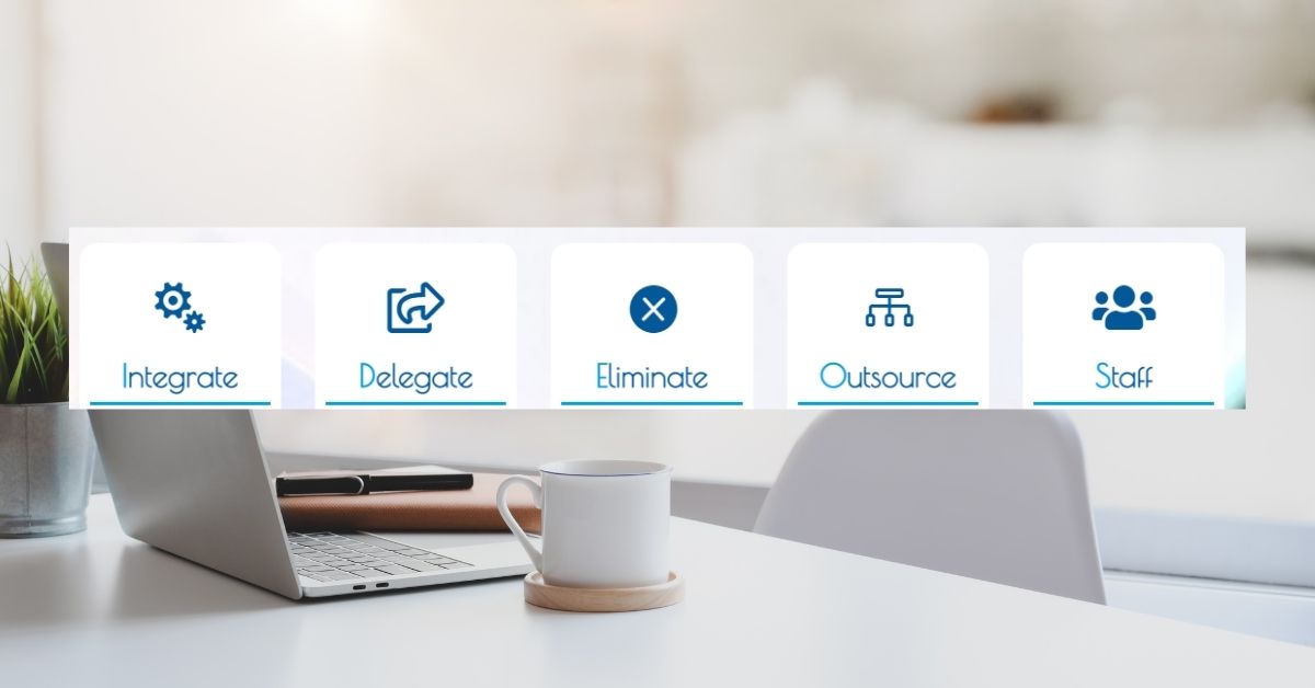 IDEOS Mantra: Integrate, Delegate, Eliminate, Outsource, Staff. written and explained in Blue brand text on an image of a desk.